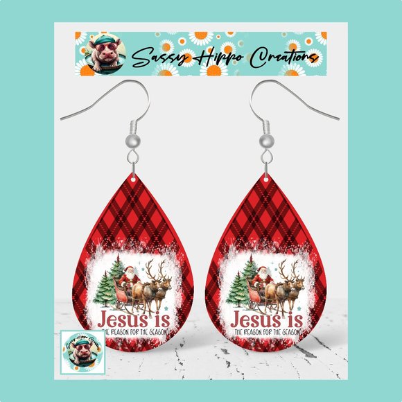 Earrings Jesus is the Reason for the Season Christmas Santa Red Plaid Sublimated - Picture 1 of 4